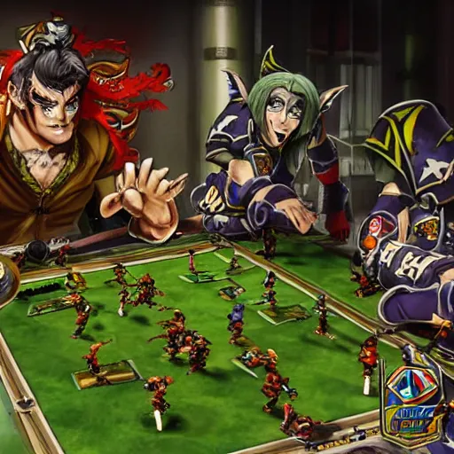 Prompt: blood bowl game in miyazaki anime, elves are playing versus humans, intense match, many casualties