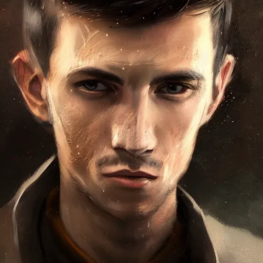 Image similar to Portrait of a man by Greg Rutkowski, he is about 20 years old, mixture turkish and russian, short dark blonde hair with bangs, attractive, angry but resigned look, he is wearing a futuristic tactical gear, highly detailed portrait, scifi, digital painting, artstation, concept art, smooth, sharp foccus ilustration, Artstation HQ.