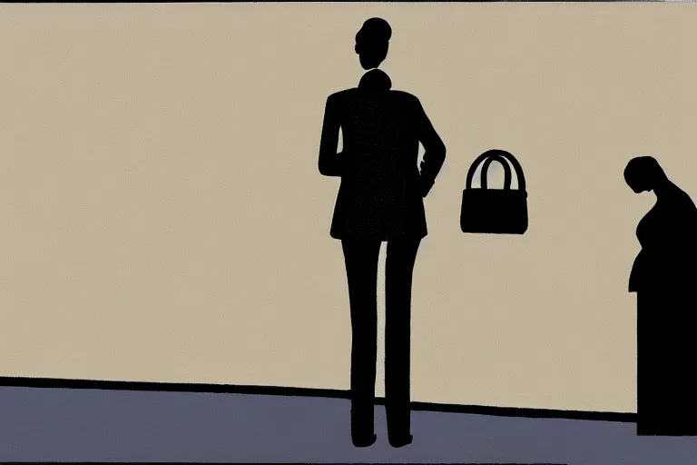 Image similar to tall, security guard checks the bags of a worried looking woman, art, satire