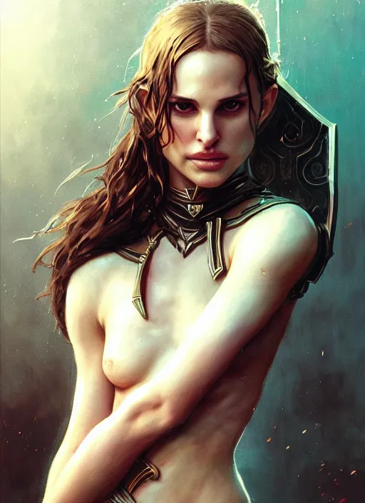 Image similar to young natalie portman, legendary warrior, warframe, lord of the rings, tattoos, decorative ornaments, battle armor, carl spitzweg, ismail inceoglu, vdragan bibin, hans thoma, greg rutkowski, alexandros pyromallis, cute, perfect face, detailed, sharply focused, centered, rule of thirds, photorealistic shading