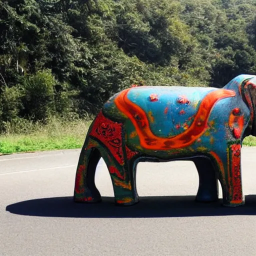 Prompt: car in shape of an elephant figurine on the road