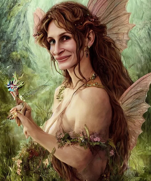 Prompt: 20yo Young Julia Roberts as a fairy faerie, beautiful face, Pretty Woman boots, fantasy concept art by J.Dickenson