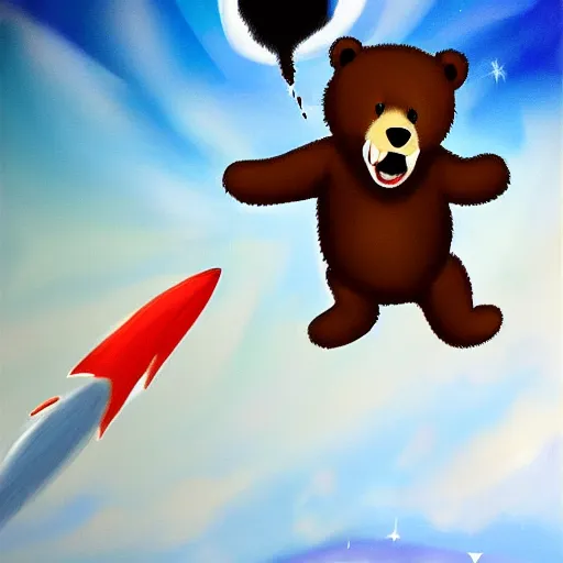 Prompt: a bear running to catch a rocket ship that already launched, digital painting, fine detail, matte finish
