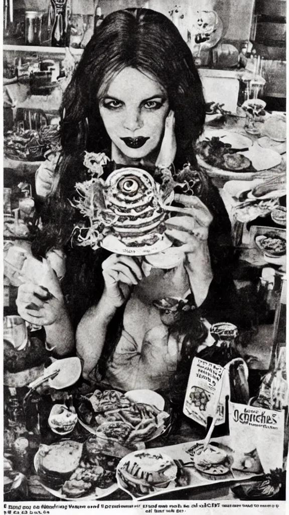 Prompt: occult food, 1 9 7 0 s food magazine photograph