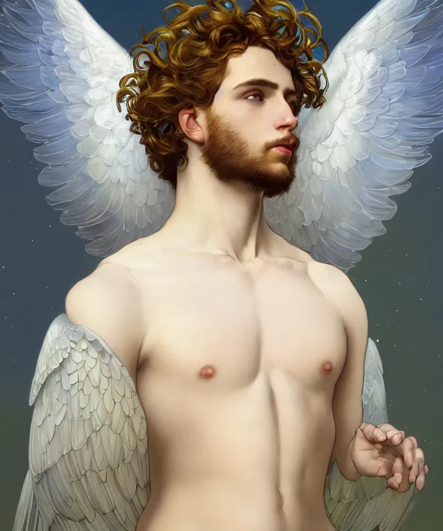 Image similar to fullbody symmetrical portrait of a beautiful young fit male angel with curly blond hairs, full dressed in long fluent clothes, majestic big dove wings, luminous halo, by greg rutkowski and alphonse mucha, gradient white to gold, in front of an iridescent background, highly detailed portrait, digital painting, artstation, concept art, smooth, sharp focus illustration