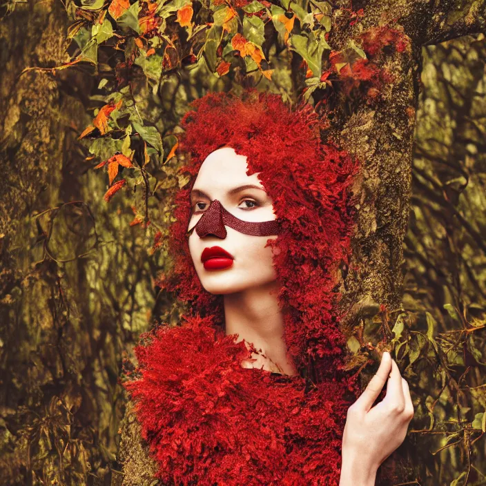 Image similar to a woman with a mask made of red ivy standing in a forest, golden hour, vogue magazine