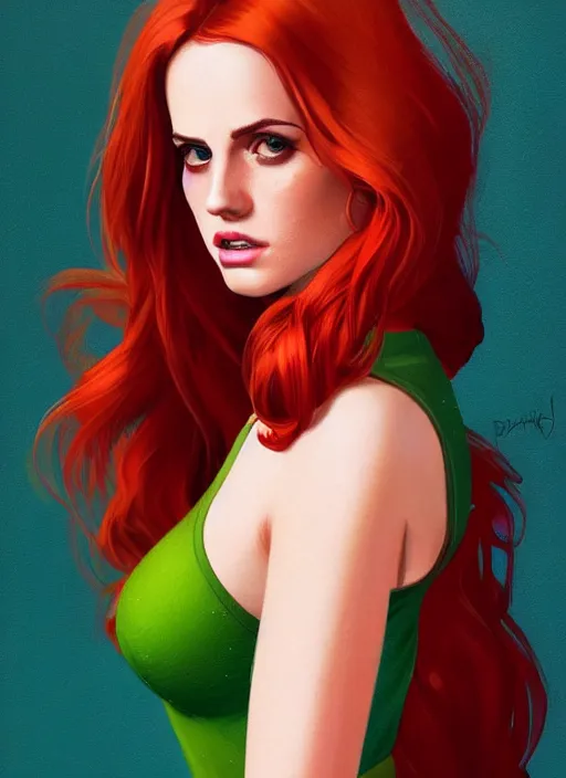 Image similar to full body portrait of teenage cheryl blossom, bangs, green eyes, mischievous expression, red hair, sultry smirk, bangs and wavy hair, intricate, elegant, glowing lights, highly detailed, digital painting, artstation, concept art, smooth, sharp focus, illustration, art by wlop, mars ravelo and greg rutkowski