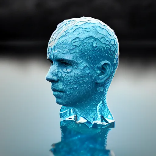 Prompt: a sculpture made of water in the shape of a human head, on the ocean water, water manipulation, behance, artstation, cinematic, in the style of johnson tsang, long shot, hyper detailed, hyper realistic, ray tracing, 8 k resolution, sharp focus, realistic water, award winning