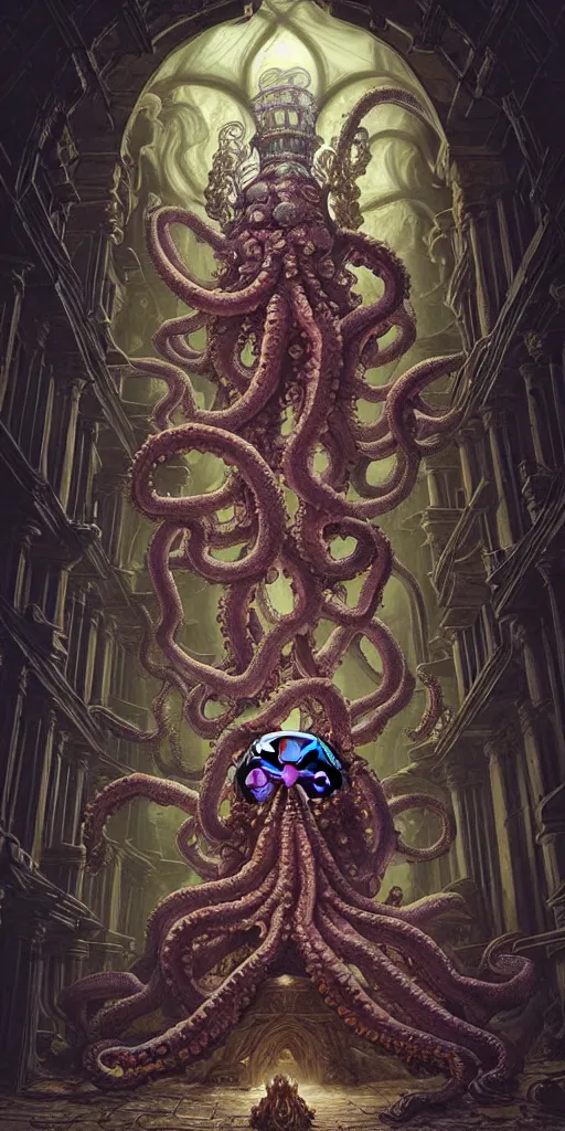Prompt: high ranked mage with big octopus head and a lot of translucent jellyfishes floating around inside an ancient mage castle hall colossal scale, gothic and baroque, brutalist architecture, ultradetailed, Intricate by Ellen Jewett and Josan Gonzalez and Giuseppe Arcimboldo