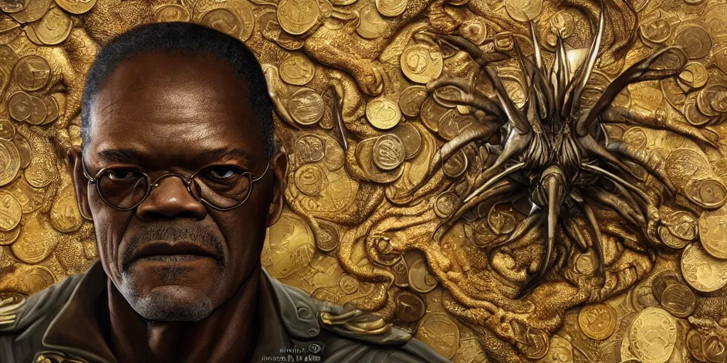 Image similar to a beautiful detailed 3 d matte of samuel jackson in starship troopers, by ellen jewett, by tomasz alen kopera, ominous, magical realism, texture, intricate, gold coins, money, whirling smoke, alchemist bottles, radiant colors, fantasy, volumetric lighting, high details