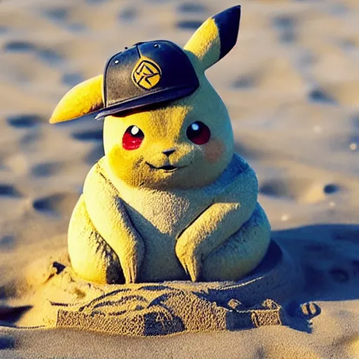 Prompt: a sand sculpture of detective pikachu on the beach