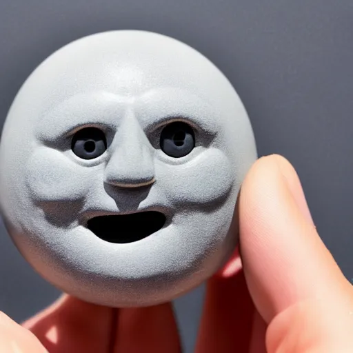 Image similar to photo of plastic painted toy figurine collectible grey moon with creepy smiling face with large craters with hands standing on legs in sneakers