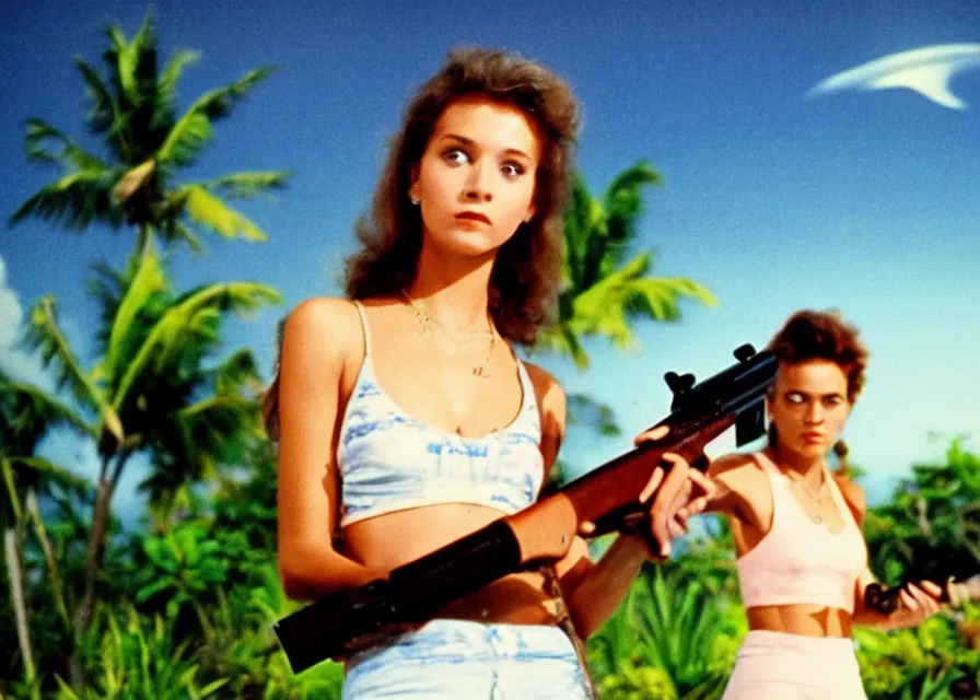 Image similar to 1 9 8 6 vintage movie screencap of a girl with a gun on a narco mansion, gucci clothes, night sky, beach and tropical vegetation on the background, 1 9 8 6 photo