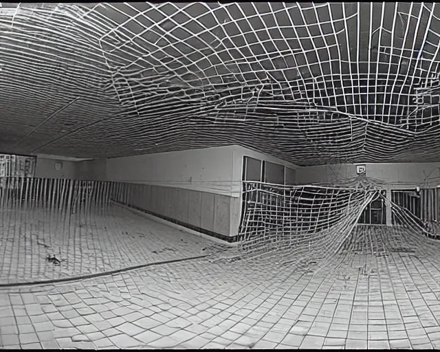 Image similar to camera footage of an abandoned shopping mall overrun by huge spiders and cobwebs, high exposure, dark, monochrome, camera, grainy, CCTV, security camera footage, timestamp, zoomed in, fish-eye lense, spiders!, webs!