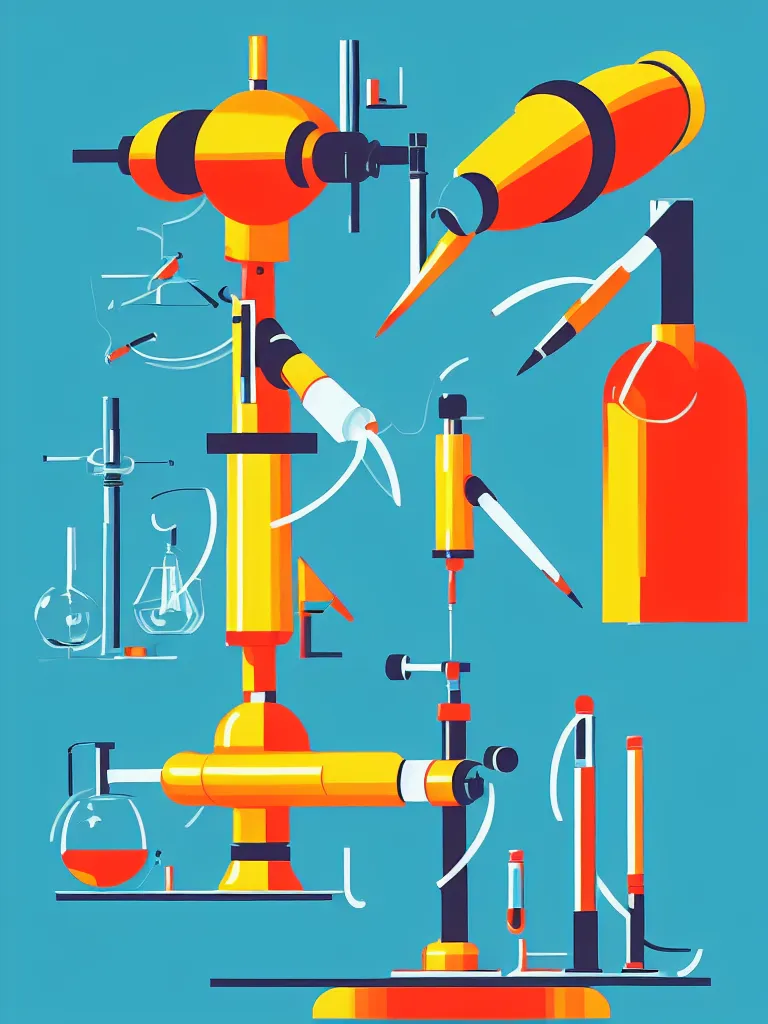 Image similar to editorial illustration scientific lab test tube telescope microscope spaceship, colorful modern, mads berg