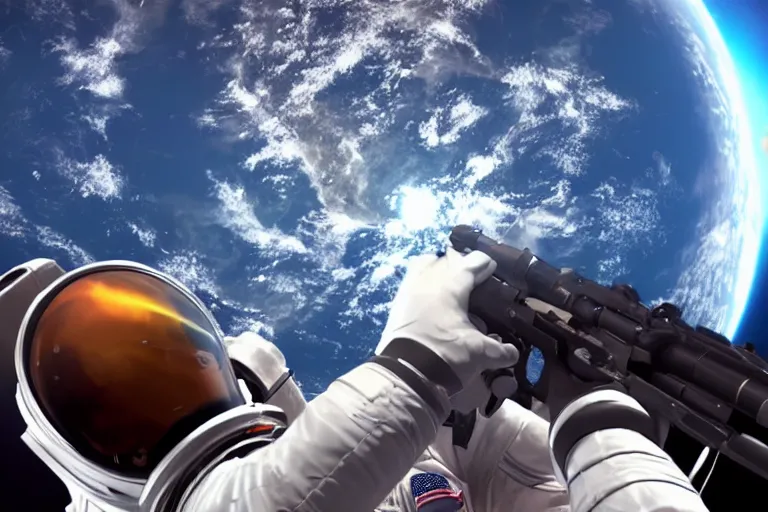 Image similar to astronaut aims a gun at a second astronaut, with earth in the background, unreal engine 5