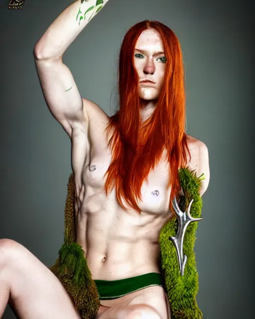 Image similar to muscular female druid, perfect face, thin antlers, green halter top, ginger hair, abs, cinematic, freckles, stunning, athletic, strong, agile, highly detailed, smooth, hard focus