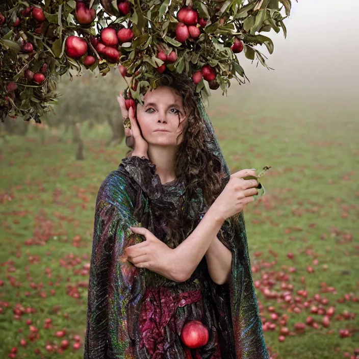 Prompt: a closeup portrait of a woman wearing a cloak made of tangled twisted knotted iridescent ribbon, picking pomegranates from a tree in an orchard, foggy, moody, photograph, by vincent desiderio, canon eos c 3 0 0, ƒ 1. 8, 3 5 mm, 8 k, medium - format print