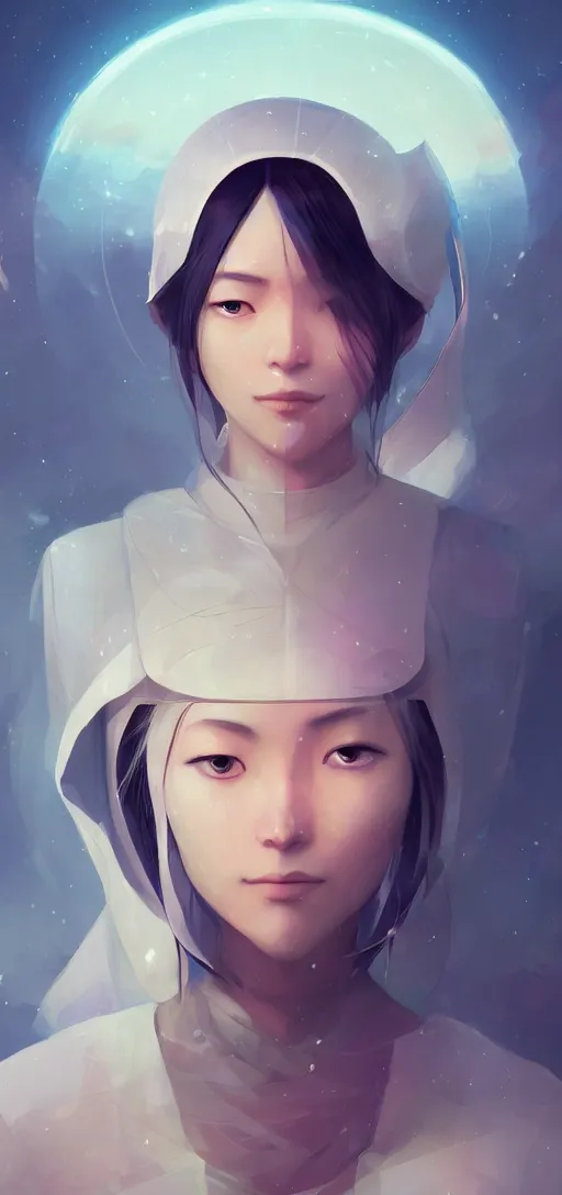 Image similar to a beautiful Tibetan woman, innocent, somber white eyes, long, gentle lighting, on a small space shuttle, futuristic, dim lighting, digital art by Makoto Shinkai ilya kuvshinov and Wojtek Fus, digital art, concept art,