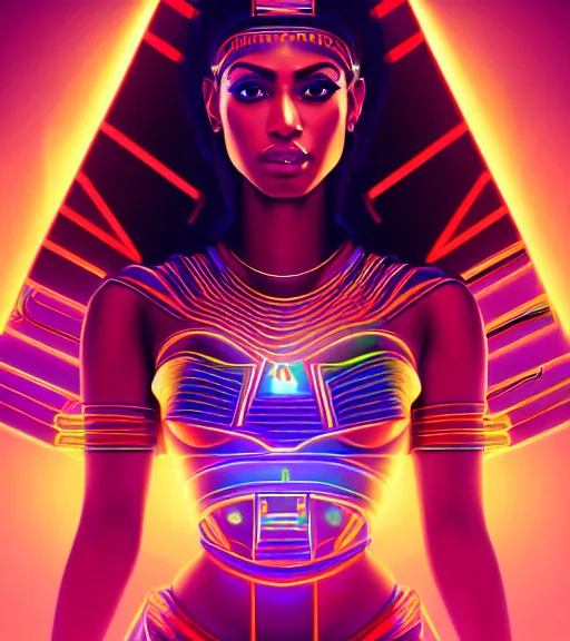 Image similar to symmetry!! egyptian princess of technology, solid cube of light, hard edges, product render retro - futuristic poster scifi, lasers and neon circuits, brown skin gorgeous egyptian princess, intricate, elegant, highly detailed, digital painting, artstation, concept art, smooth, sharp focus, illustration, dreamlike, art by artgerm