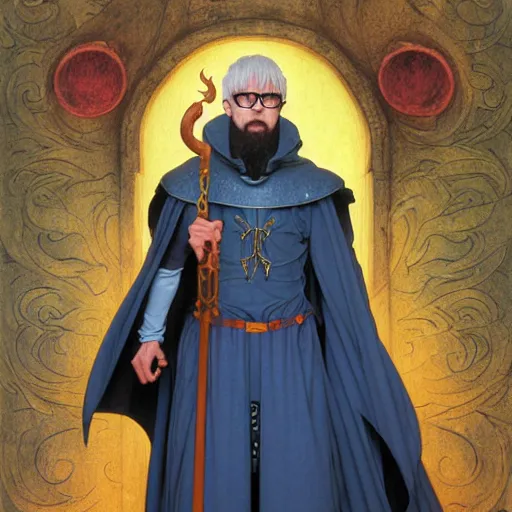 Image similar to half length portrait of a medieval fantasy sorcerer, a male anthropomorphic nerdy blue dragon with electrcity magic, fantasy, d & d, high details, art by ( ( ( kuvshinov ilya ) ) ) and wayne barlowe and gustav klimt and artgerm and wlop and william - adolphe bouguereau