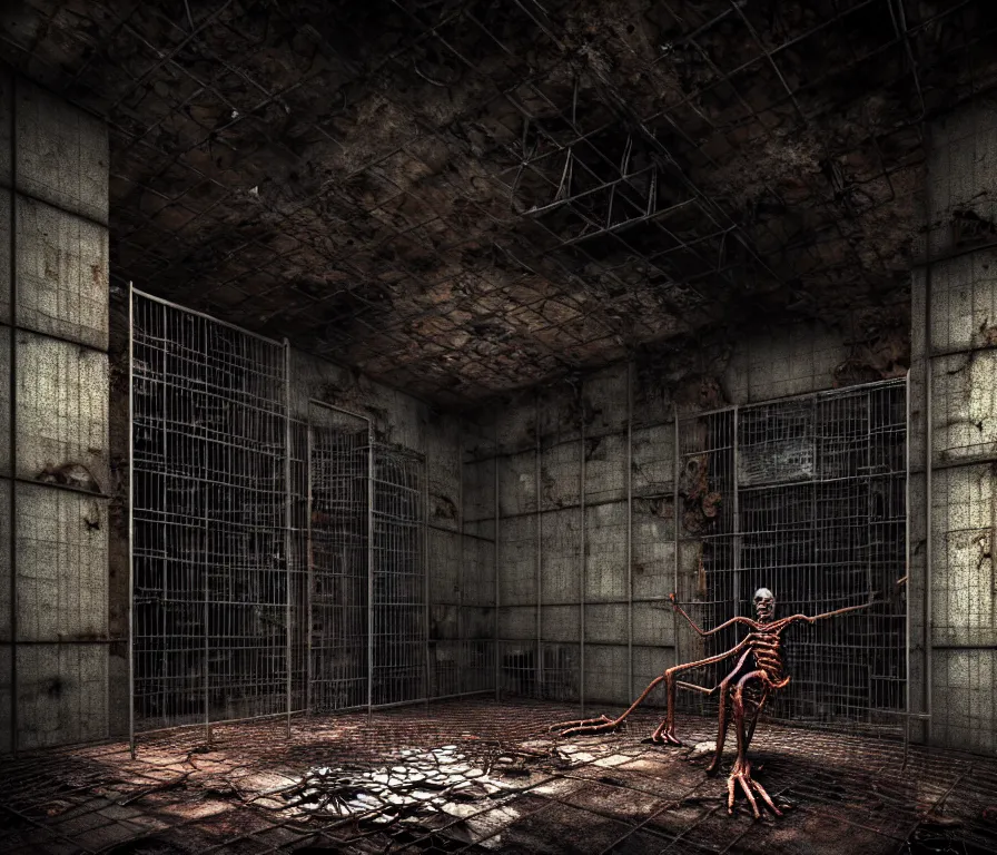 Image similar to creepy huge suffering humanoid with long limbs sits. an underground very dark gloomy multi - layered structure of rusty thick iron grates, dense chain - link fencing and peeling walls. inside view, collapsed floors, bent rusted iron, masterpiece, black background, corners, cinematic, hyperdetailed, photorealistic, hyperrealism, octane render, shadows