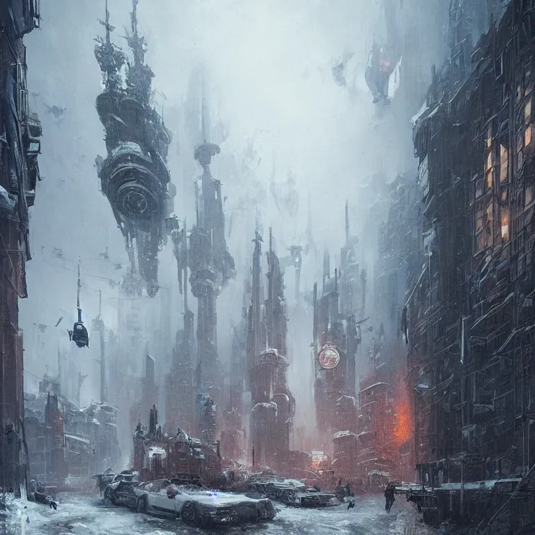 Image similar to cyberpunk depiction of the city of gdansk during arctic conditions by greg rutkowski