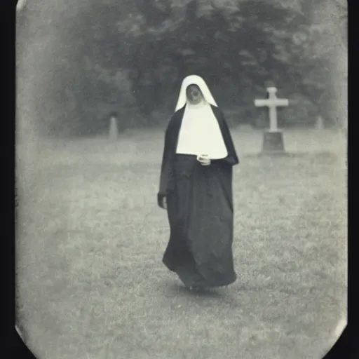 Image similar to antique photograph of a ghost of an evil catholic nun walking in a graveyard, night, blurry, translucent, glowing, real photo,