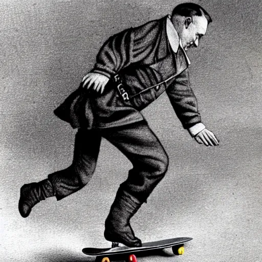 Image similar to hitler riding a skateboard, realistic, detailed by da vinci