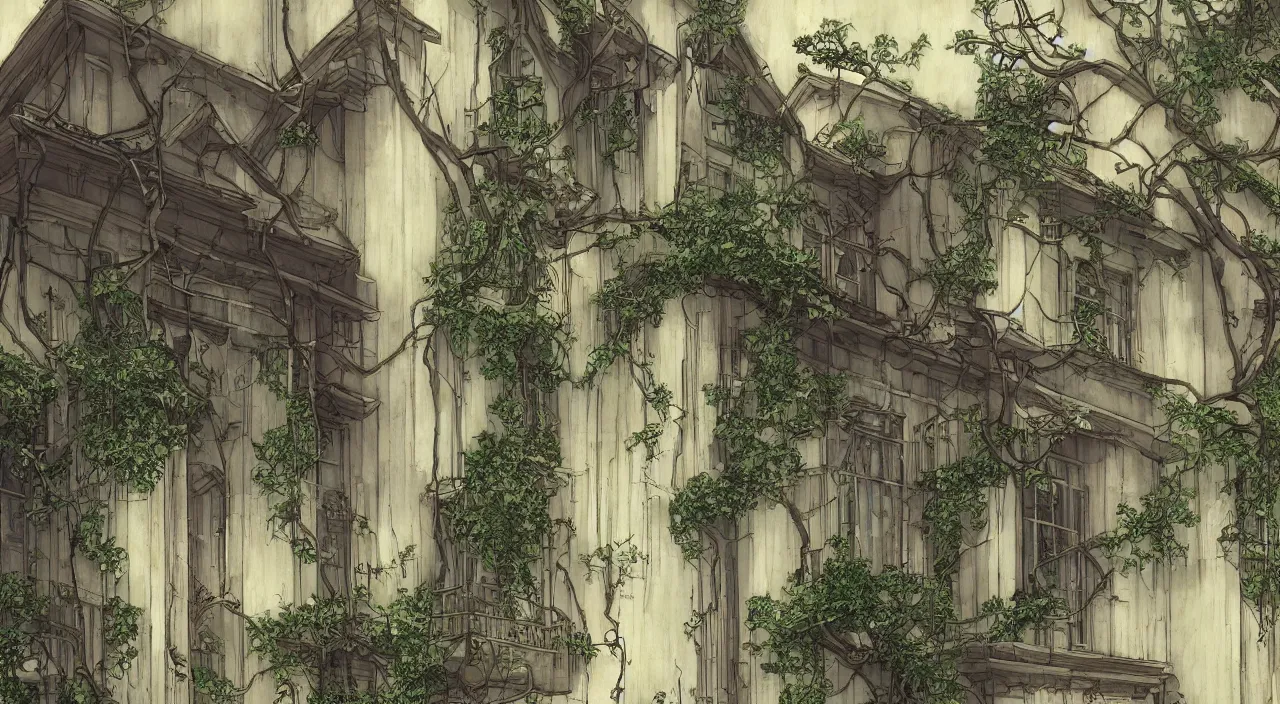 Image similar to house, by akihiko yoshida, ivy, stylized, artstation, atmosphere, by makoto shinkai, hanging vines, photorealistic, baroque, art nouveau, pixiv