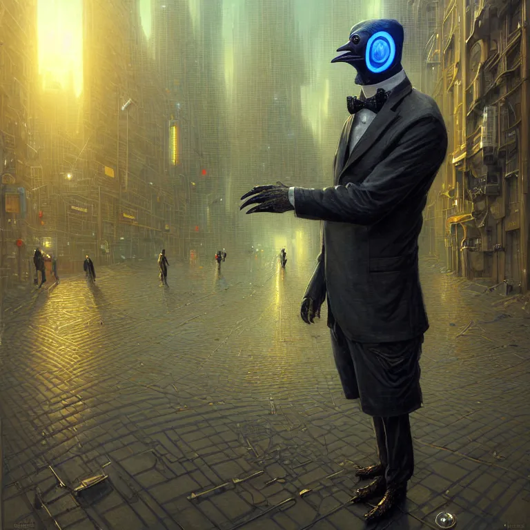 Image similar to A solarpunk very highly detailed Anthropomorphic cybertronic penguin wearing sport suit with very highly detailed face on the street of a very highly detailed solarpunk city digital impressionism art by Greg Rutkowski and Josan Gonzalez, highly detailed, digital concept art, Volumetric natural light, sharp focus, Golden Ratio illustration, realistic concept art by Stephen Hickman and James Gurney and Hiromasa Ogura Ghost in the Shell rendered in VRAY, From the distance