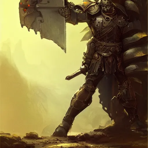 Image similar to a full metal paladin in the style of peter andrew jones and tom bagshaw, heavy metal album cover, fantasy warrior, standing before ancient ruins