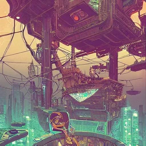 Image similar to Stunningly intricate illustration of a cyberpunk explorer playing video games in his treehouse, highly detailed, midnight, by Victo Ngai and James Gilleard , Moebius, Laurie Greasley