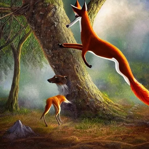 Image similar to a mexican greyhound flaps its wings dramatically as a crafty fox jumps out from behind a tree to take it down, fantasy art