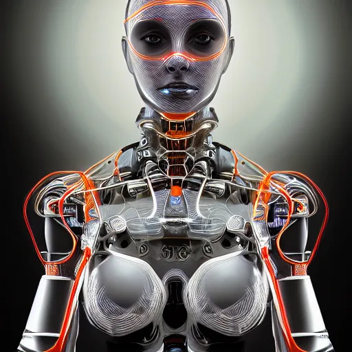 Prompt: portrait of a robot woman, artificial intelligence, sci-fi components, intricate wiring, studio lightning, concept art, photorealistic, digital painting
