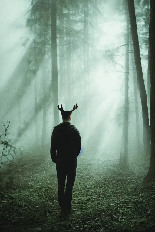 Image similar to kodak portra 4 0 0 photograph of a guy wearing a kings crown standing in a dark fantasy forest, back view, lens flare, moody lighting, moody vibe, telephoto, 9 0 s vibe, blurry background, grain, tranquil, calm, faded!,