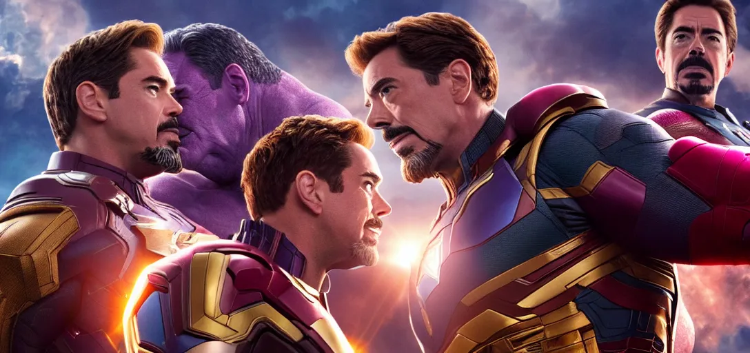 Image similar to a very high resolution image from a new movie. thanos kissing tony stark while capitan america watches on a lake, photorealistic, photography, directed by wes anderson