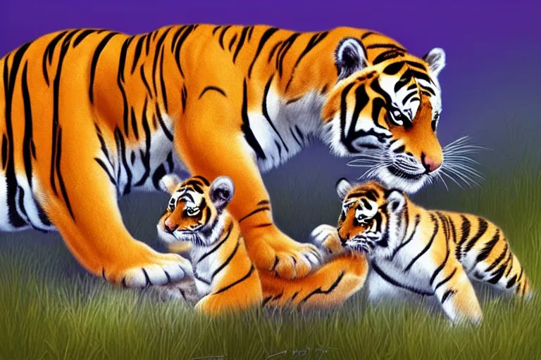 Prompt: beautiful aesthetic digital illustration of a singular female tiger with her of newborn cub by Lisa Parker and Anne Stokes, matte background, deviantArt, artstation, trending on artstation