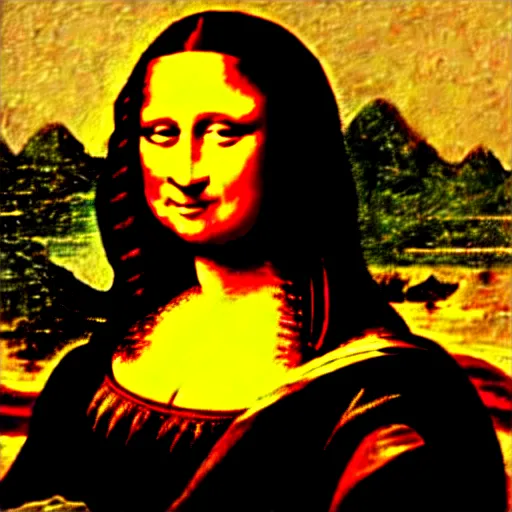 Image similar to failed restoration of mona lisa, modernized features, partly ruined painting smudges