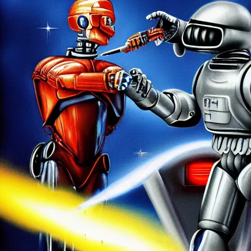 Prompt: robocop fighting a grey alien while smoking on a cigar Intricate five star vibrant colors, photo realistic, hyperrealism,high detail, matte finish, high contrast, masterpiece, vivid colors