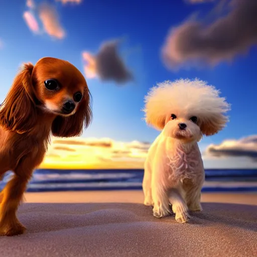 Prompt: a photorealistic closeup image of a cute brown colored long haired chihuahua cocker spaniel dog plays with a happy white bichon frise puppy on the beach. sunset, surf, brightly lit scene. fine detail. nice composition. 4 k hd unreal engine