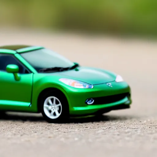 Image similar to a redhead woman driving a Jada toys mitsubishi eclipse green diecast car, high resolution macro photo, viewed through the cars window