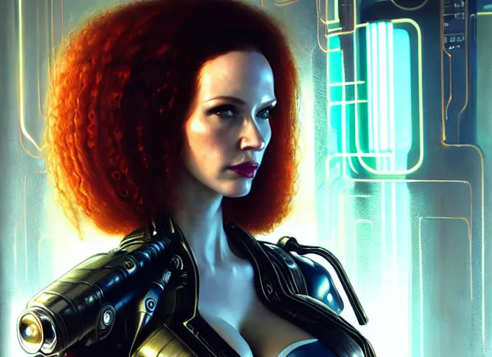 Image similar to portrait shot of a christina hendricks wearing cyberpunk clothing in cyberpunk 2 0 7 7, intricate, elegant, highly detailed, centered, digital painting, artstation, concept art, smooth, sharp focus, illustration, artgerm, tomasz alen kopera, peter mohrbacher, donato giancola, joseph christian leyendecker, wlop, boris vallejo