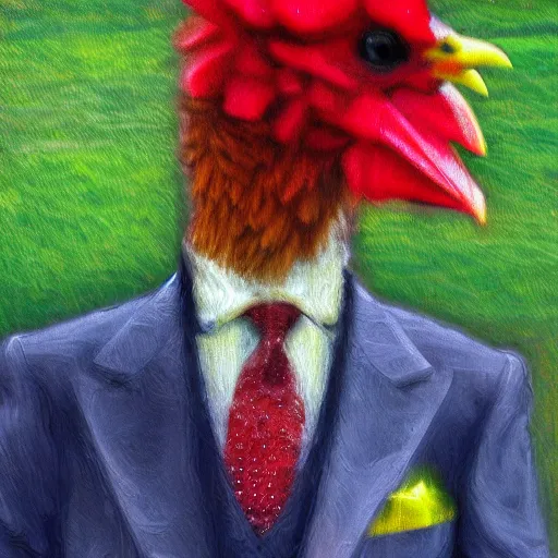 Prompt: a high quality photo of a chicken wearing a suit, impressionism, 8 k