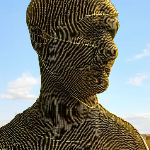 Prompt: a human sculpture made out of damaged wired mesh