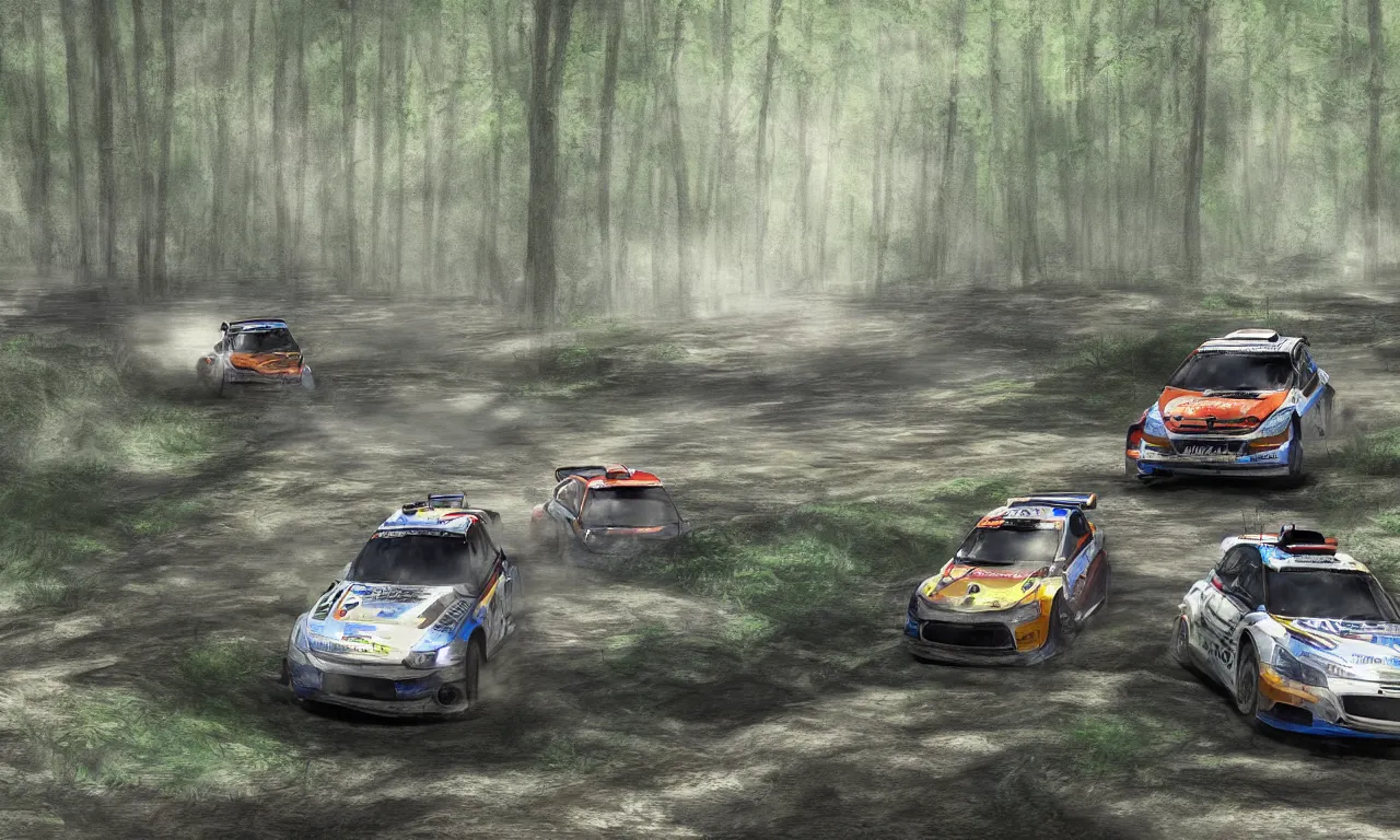 Prompt: 3 rally cars racing through a forest with a river behind them, sun shining through the trees, pencil sketch motion blur high detail ultra realistic 8k,