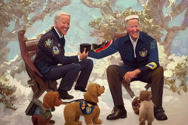 Image similar to beautiful cottagecore handsome joe biden holding a paw patrol dog named chase, intricate, elegant, highly detailed, digital painting, artstation, concept art, smooth, sharp, focus, illustration, art by artgerm and greg rutkowski and alphonse mucha