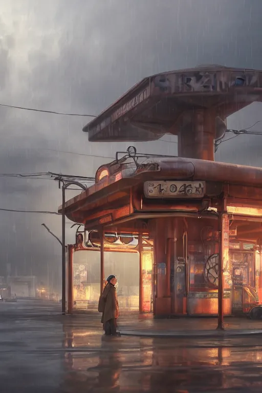 Prompt: a highly detailed matte painting of a soviet steampunk gas station in lightning storm and heavy rain by studio ghibli, makoto shinkai, by artgerm, by wlop, by greg rutkowski, volumetric lighting, octane render, 4 k resolution, trending on artstation, masterpiece