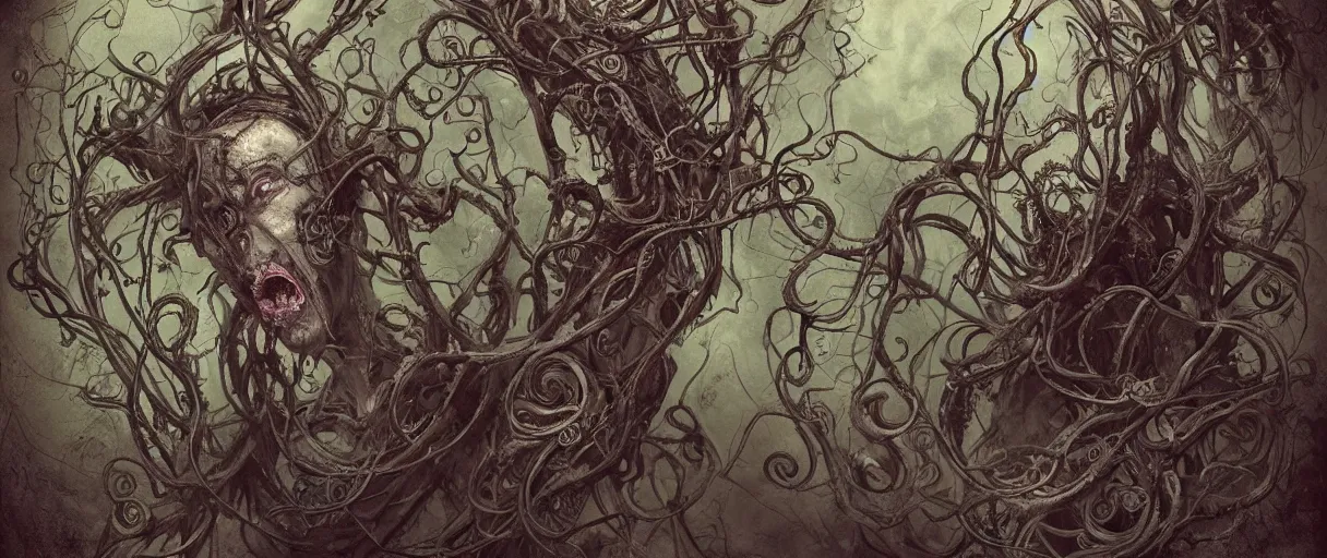 Image similar to centered horrifying detailed portrait of a insane, crazed, mad old bald zombie, muted colors, eldritch abomination, dunwitch horror, lovecraft bleeding ornate tentacles growing around, ornamentation, thorns, vines, tentacles, elegant, beautifully soft lit, full frame, 8 k by wayne barlowe, peter mohrbacher, kelly mckernan, h r giger