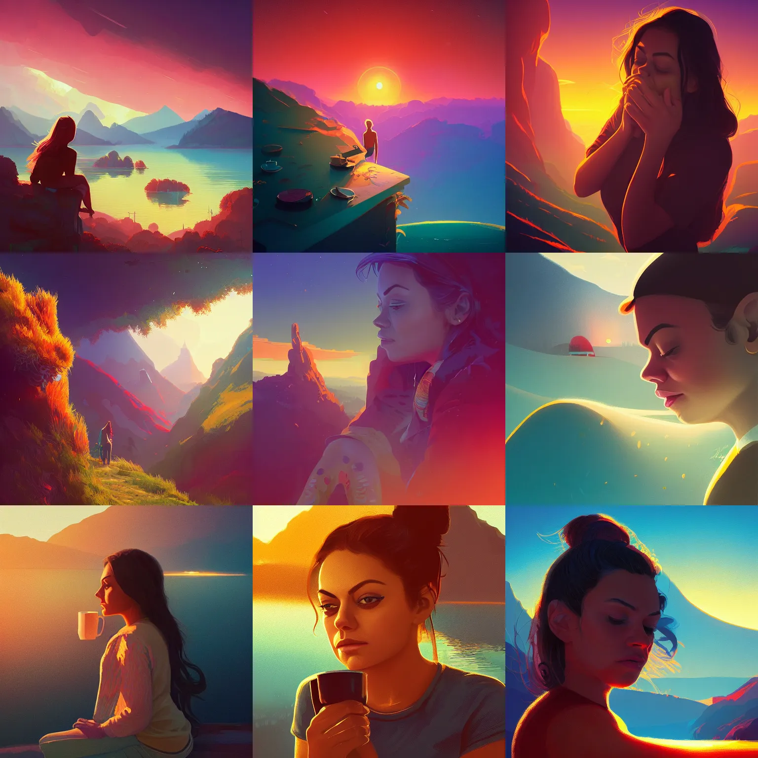 Image similar to close - up portrait of sleepy mila kunis, morning golden hour, steaming coffee, mystical lake view vista, anton fadeev, paul lehr, rhads, alena aenami